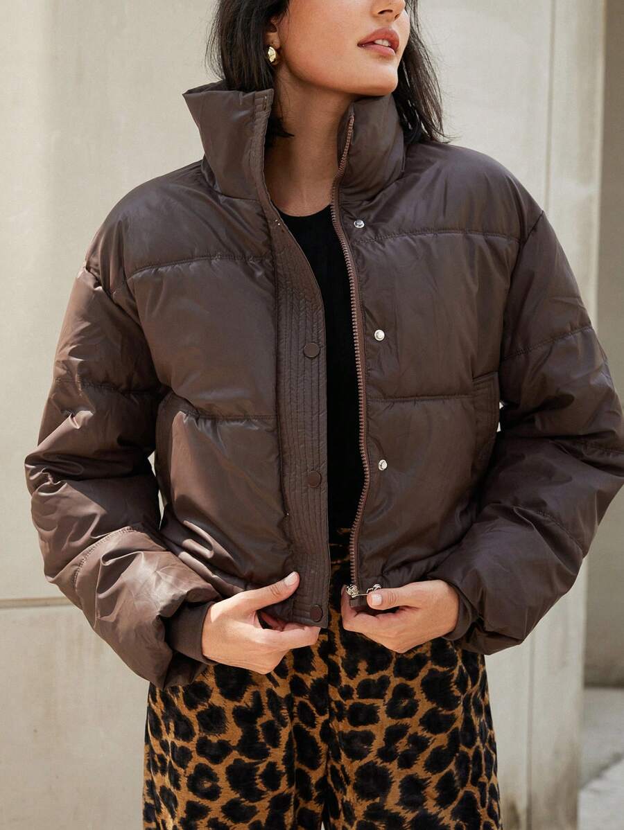 Aveloria Modichic 野鸭立领夹棉大衣，女士秋冬时尚夹棉保暖聚酯纤维合成保暖冬季大衣冬季夹克外套，今年流行 - 棕色 - 查看 1