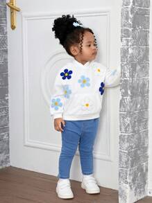 SHEIN Leap Crew Baby Girl Cute Floral Embroidered White Hooded Sweatshirt For Fall & Winter - White - View 6