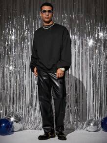 Manfinity VCAY Men's Casual English Text Printed Loose Fit Long Sleeve Sweatshirt, For Fall Winter - Black - View 4