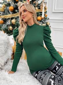 SHEIN 孕妇纯色立领泡泡长袖休闲 T 恤，秋季，适合孕妇 - 綠色 - 查看 1