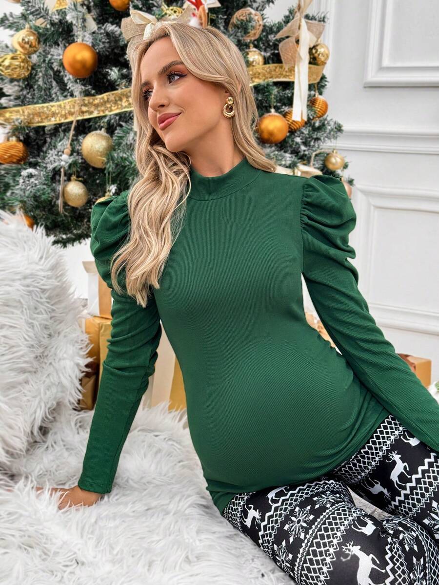 SHEIN 孕妇纯色立领泡泡长袖休闲 T 恤，秋季，适合孕妇 - 綠色 - 查看 1