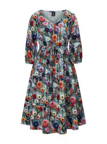 SHEIN LUNE 圆领 3/4 袖 A 字形花卉印花优雅浪漫大码女式派对连衣裙 - 彩色 - 查看 1