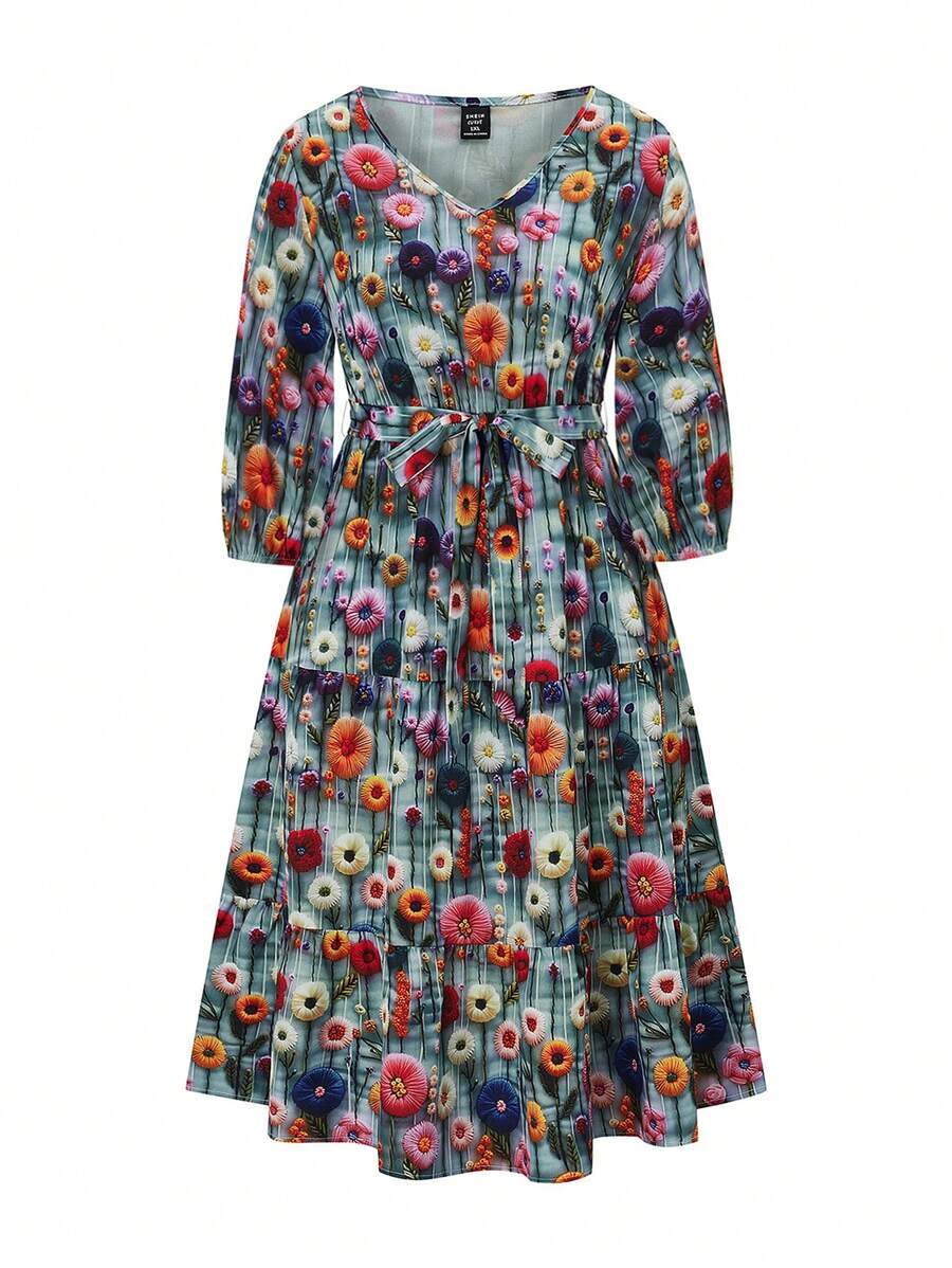 SHEIN LUNE 圆领 3/4 袖 A 字形花卉印花优雅浪漫大码女式派对连衣裙 - 彩色 - 查看 1