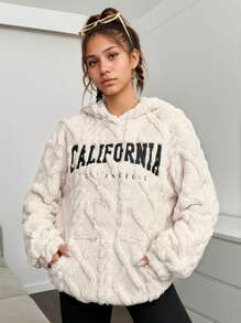 SHEIN Teen Girls Ivory Textured Teddy Fleece Letter Graphic Casual Pullover Hoodie,In Fall/Winter