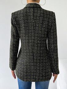 Chiquease 女士优雅格子有领西装外套，长袖，适合通勤，秋冬季 - 黑色 - 查看 2