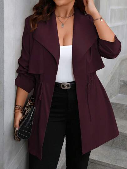 Vionelle Plus Size Plain Color Drawstring Waist Casual Jacket, Autumn Fall Winter Cloth For Women
