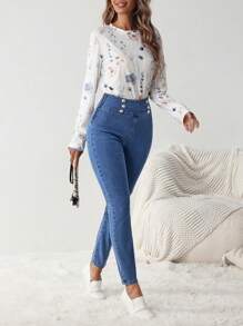 Quần Jeans Ôm Vừa Cạp Cao Khóa Kim Loại Thường Ngày Cho Nữ - Màu xanh lam - Xem 5