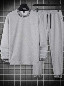 Manfinity Homme 2pcs Men's Casual Letter Pattern Sweatshirt And Sweatpants Set, Men Grey Sweatsuit, Men 2 Pieces Sweat Set, Men Jogging Suit - Grey - View 4