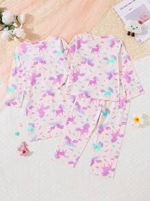 Young Girl' Light Peach Unicorn Allover Print Long Sleeve Nightgown & Round Neck Long Sleeve Pants Set, Flame Retardant Loungewear Suitable For Family Party And Photoshoot