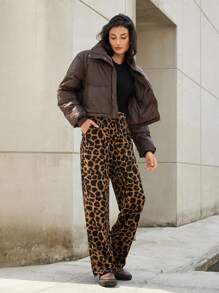 Aveloria Modichic 野鸭立领夹棉大衣，女士秋冬时尚夹棉保暖聚酯纤维合成保暖冬季大衣冬季夹克外套，今年流行 - 棕色 - 查看 3