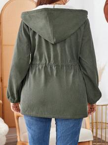 SHEIN LUNE Plus Size Drawstring Hooded Long Sleeve Fleece Casual Loose Lightweight Coat Winter Women Fuzzy Winter Hoodie Green Holiday - Army Green - View 2
