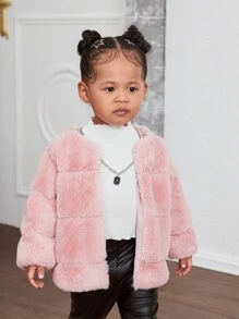 SHEIN 1pc Baby Girl Warm Fluffy Long Sleeve Coat, Pink, Autumn/Winter - Pink - View 5