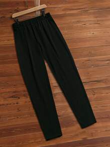 Linhara Pantaloni casual da donna taglia comoda, di colore unito, in vita elastica - nero - Visualizzare 1