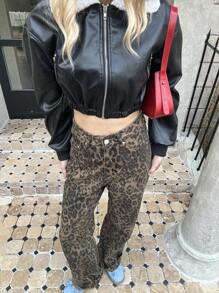 Chiquease Sheepskin Collar Patchwork Black Leather Motorcycle Short Jacket - Black - View 4