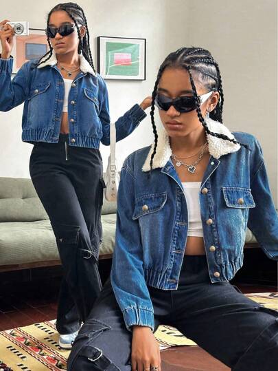 SHEIN Explorewe Teens/Teen Girl's Loose Fluffy Collar Y2K Personalized Denim Jacket