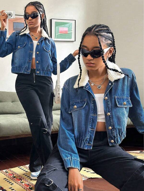 SHEIN Explorewe Teens/Teen Girl's Loose Fluffy Collar Y2K Personalized Denim Jacket