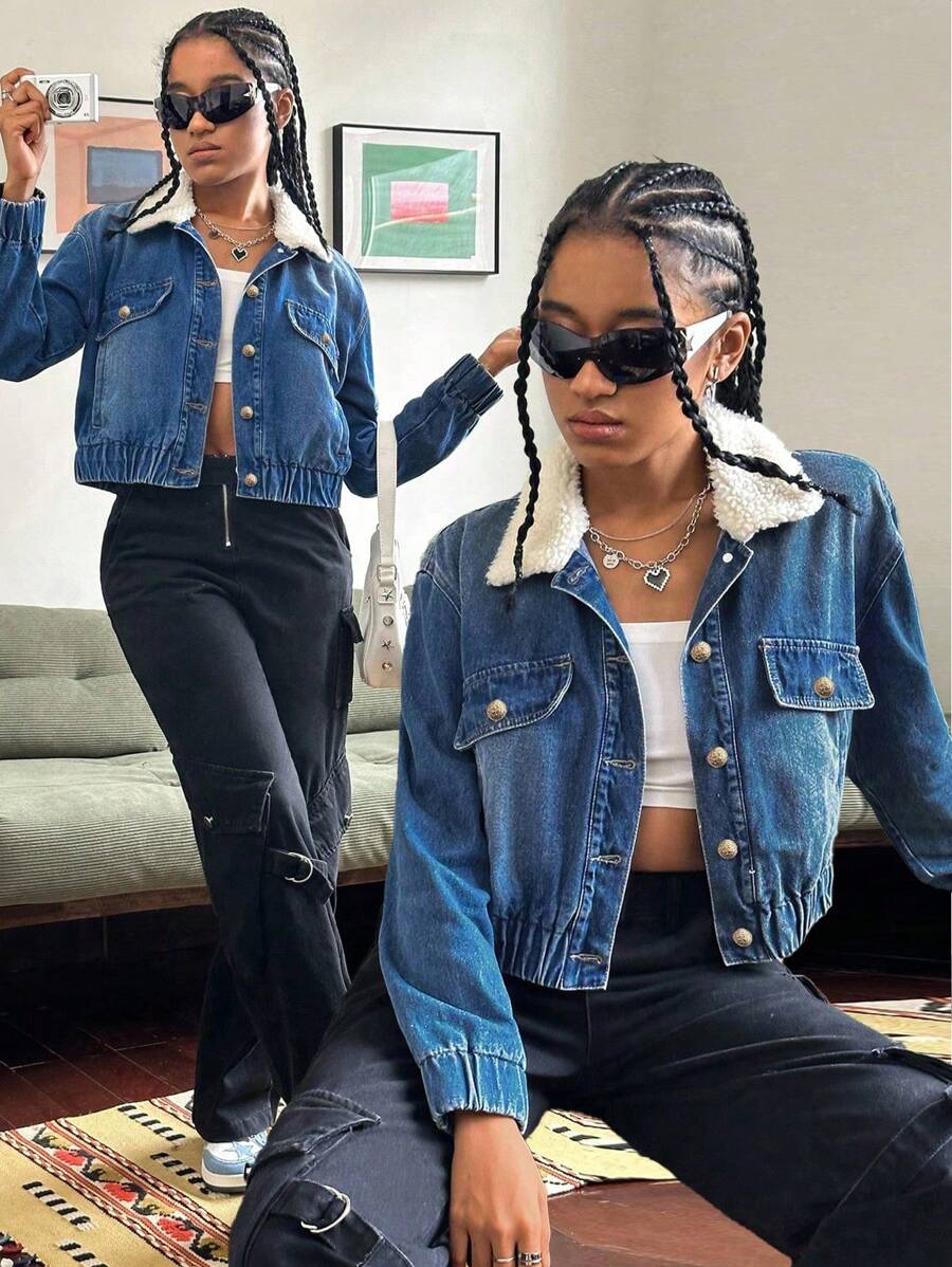 SHEIN Explorewe Teens/Teen Girl's Loose Fluffy Collar Y2K Personalized Denim Jacket