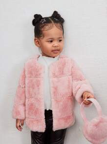 SHEIN 1pc Baby Girl Warm Fluffy Long Sleeve Coat, Pink, Autumn/Winter - Pink - View 3