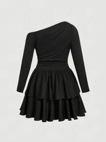 SHEIN MOD 大码夏季黑色不对称斜领褶皱针织褶皱迷你连衣裙适合度假约会装