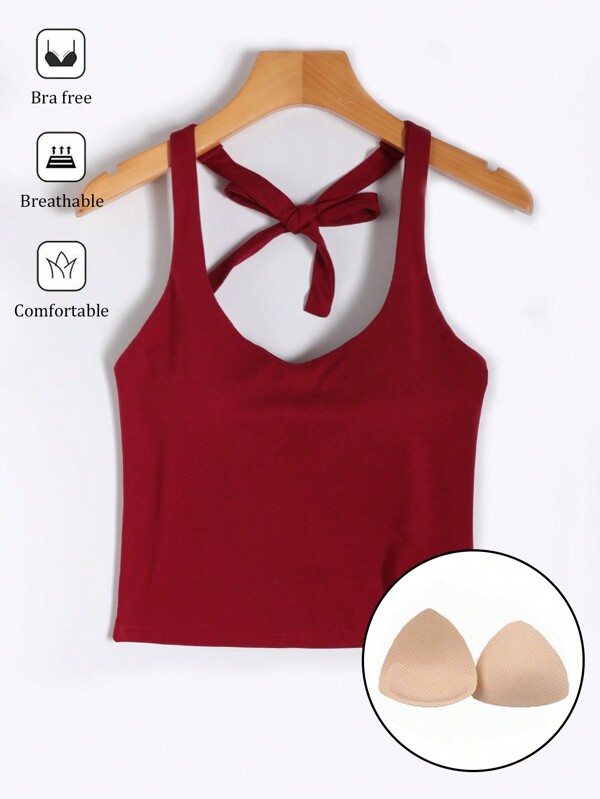 SHEIN BASICS Top corto ajustado de mujer de punto de unicolor casual de tipo halter