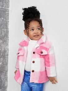 女婴毛绒格子翻领夹克，适合户外、秋冬季、圣诞节 - 粉色 - 查看 3
