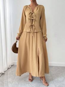 SHEIN Unity 2 件套女士简约休闲日常系带纹理上衣和开衩下摆裙子套装，秋季 - 杏色 - 查看 3