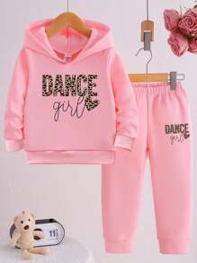 年轻女孩时尚休闲可爱豹纹字母“DANCE”和心形图案保暖内衬连帽衫搭配运动裤，适合秋冬季日常穿着和外出 - 粉色 - 查看 1
