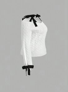 SHEIN MOD Plus Size Strapless Cable Knit Bow Long Sleeve Sweater - Black and White - View 3
