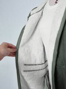 SHEIN LUNE Plus Size Drawstring Hooded Long Sleeve Fleece Casual Loose Lightweight Coat Winter Women Fuzzy Winter Hoodie Green Holiday - Army Green - View 7