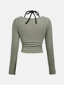 SHEIN Girlism Tween 女童简约舒适拼色挂脖长袖 T 恤 - 綠色 - 查看 2