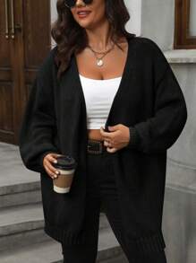 SHEIN LUNE 大码女式字母图案蝙蝠袖宽松休闲开衫，秋冬 - 黑色 - 查看 3