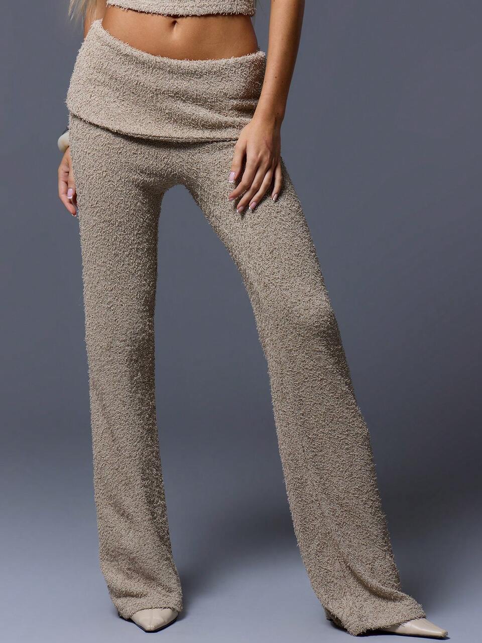 Gestrickte Hose mit umgeschlagenem Bund, ausgestellt, Urlaubs-Sommer-Elegant-Party-Lässig