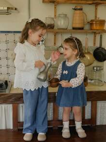 SHEIN 2pcs Young Girls White Shirt And Blue Pants Set, Casual Countryside Suitable For Spring And Autumn - Black - View 1