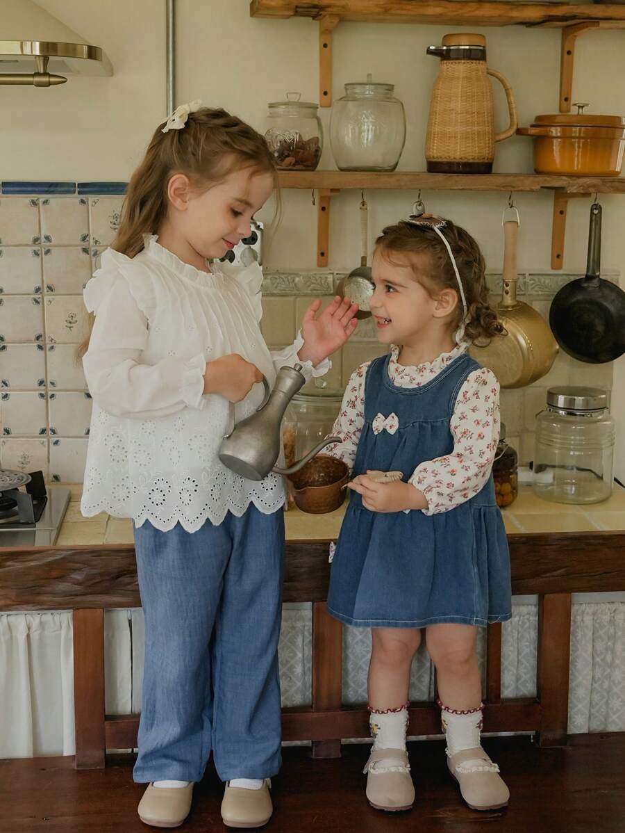 SHEIN 2pcs Young Girls White Shirt And Blue Pants Set, Casual Countryside Suitable For Spring And Autumn - Black - View 1