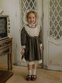 SHEIN Vintaside Kids 年轻女孩棕色格子蕾丝撞色连衣裙，配头巾，舒适的法式乡村风格，适合春季、秋季和冬季 - 白色 - 查看 6