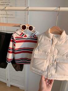 SHEIN 3pcs Set Baby Boy/Girl Autumn/Winter Warm White Fleece Jacket Vest Striped Hoodie Sweatshirt And Pants, Suitable For Outdoor, Skiing