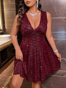 Plus Size Women V-Neck Shiny Luxurious Sleeveless Party Dress - Burgundy - View 1