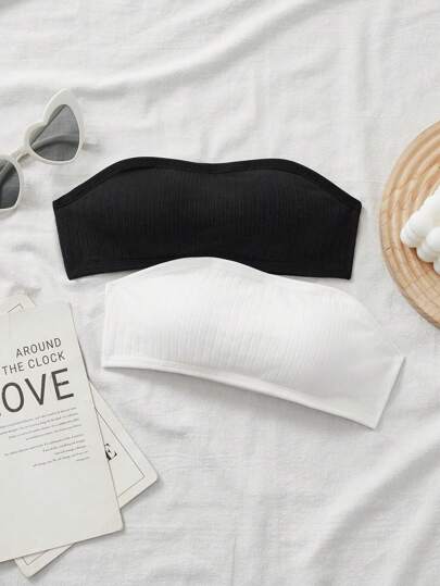 SHEIN Conjunto de 2 piezas de top tubo en bandeau negro y blanco acanalado, minimalista y cómodo para niñas preadolescentes