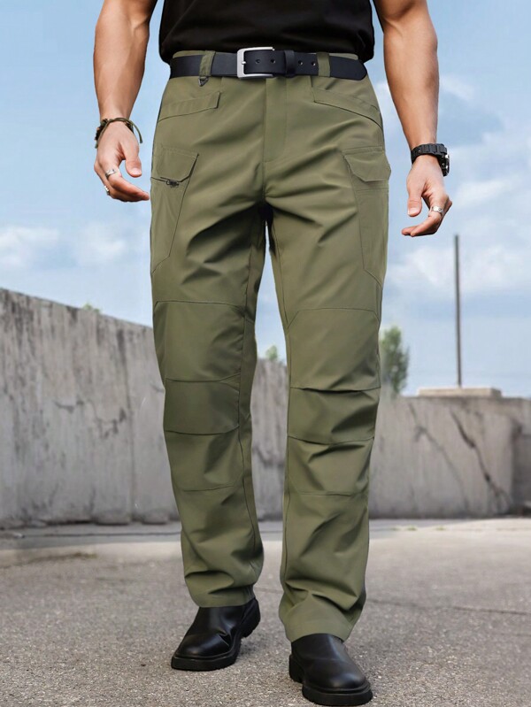 Manfinity Homme Pantalones rectos informales con bolsillos y cierre de cremallera de unicolor