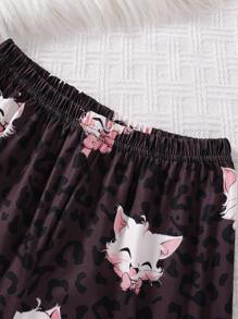 2pcs Tween Girl Cute Cat Pattern Long Sleeve Top And Leopard Cat Print Pants Homewear Set - Multicolor - View 5