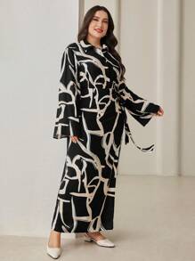 Modelyn Set de 2 piezas: blusa de talla grande con botones y estampado total + falda con cintura anudada - Blanco y Negro - Ver 3