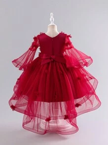 Glamorique Kids 年轻女孩圣诞节儿童派对装奢华度假休闲网纱薄纱拖尾 3D 花卉个性喇叭袖公主裙 - 酒紅色 - 查看 2