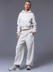 MUSERA Cropped '' Embroidered Cinched Waist Tracksuit Hoodie Only Casual - Apricot - View 4