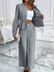 Chiquease 女士休闲纯色泡泡袖单排扣荷叶边下摆衬衫和宽腿宽松裤套装，春秋 - 灰色 - 查看 3