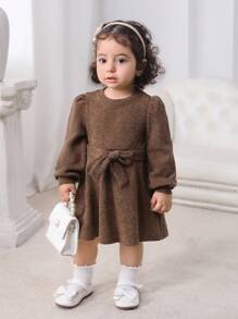 SHEIN Baby Girl Mommy & Me 棕色针织松紧腰长袖连衣裙，秋冬款