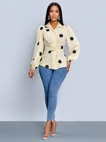 SOLERSUN 女士冬装 杏色 黑色 波尔卡圆点 女士冬季衬衫 衬衫领子 正面中央纽扣 褶饰灯笼袖 环绕式领带衬衫 - 杏色 - 查看 3