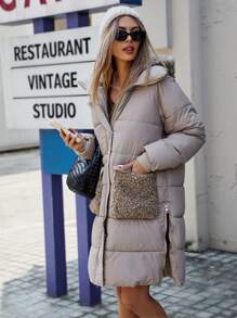 GENKIRA Áo khoác đệm dày chắp vá mới cho phụ nữ, xu hướng quần áo mùa đông phổ biến - Màu Khaki - Xem 3