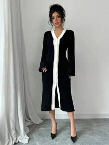 Chiquease Women's Color Blocking Front Button Bell Sleeve Sweater Dress Fall Cloth For Women - Black - View 4