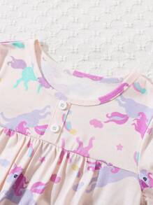 Young Girl' Light Peach Unicorn Allover Print Long Sleeve Nightgown & Round Neck Long Sleeve Pants Set, Flame Retardant Loungewear Suitable For Family Party And Photoshoot