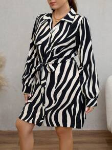 SHEIN LUNE Váy sơ mi tay dài in họa tiết sọc ngựa vằn cỡ lớn, trang phục dự tiệc mùa thu cho nữ, trang phục ngày lễ, váy dự tiệc ngày lễ - Màu be - Xem 5